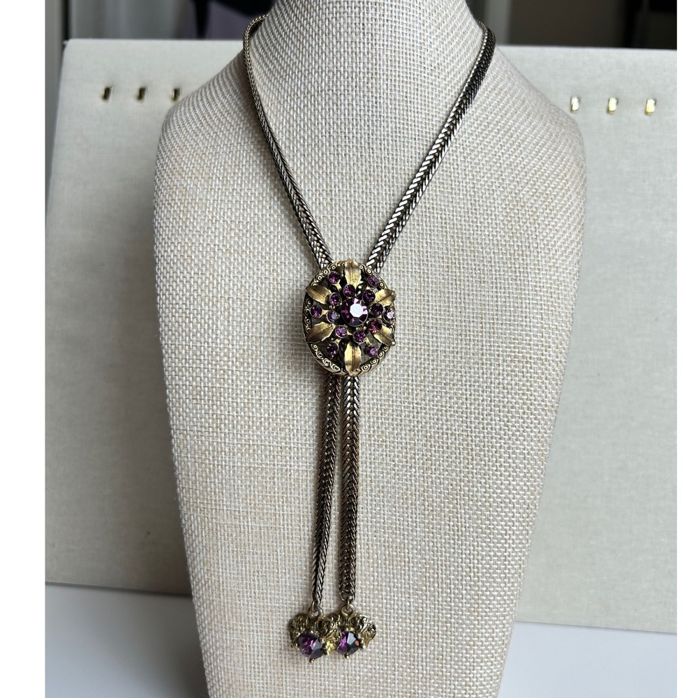 Purple Rhinestone Adjustable Bolo Lariat Necklace Victorian Vintage 1960s Floral
